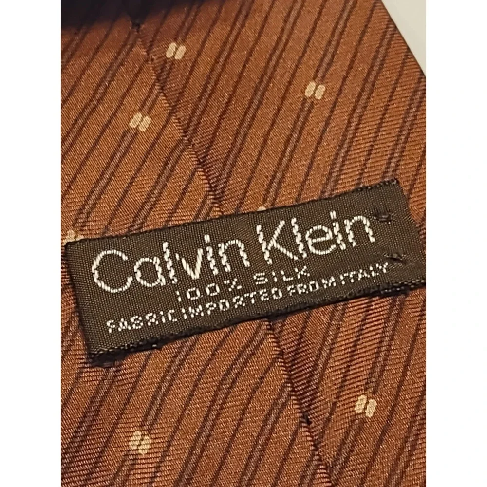 VTG Calvin Klein Italian Silk Tie Brown Striped Dotted Business Formal 57.5x3.25